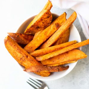 Baked Sweet Potato Fries in a white bowl