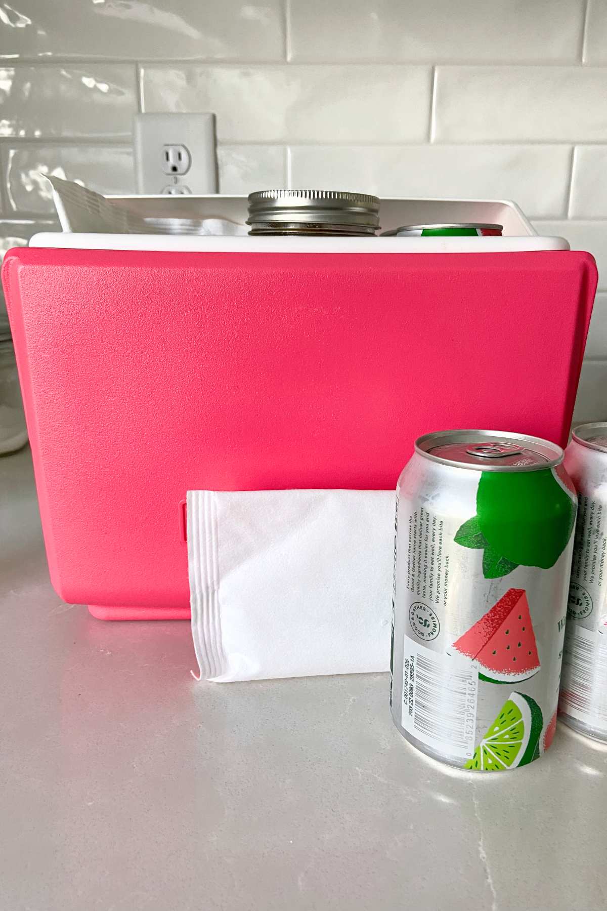 Small pink cooler with ice packs and sparkling water cans on the outside.