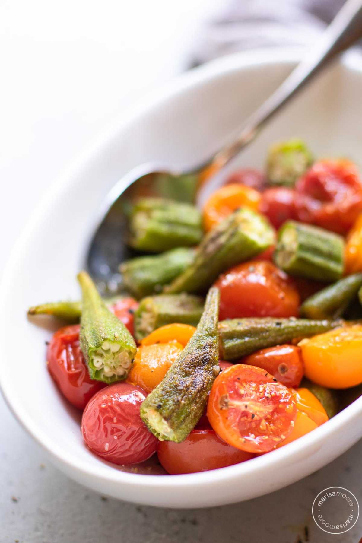 Roasted Okra & Tomatoes in a bowl.