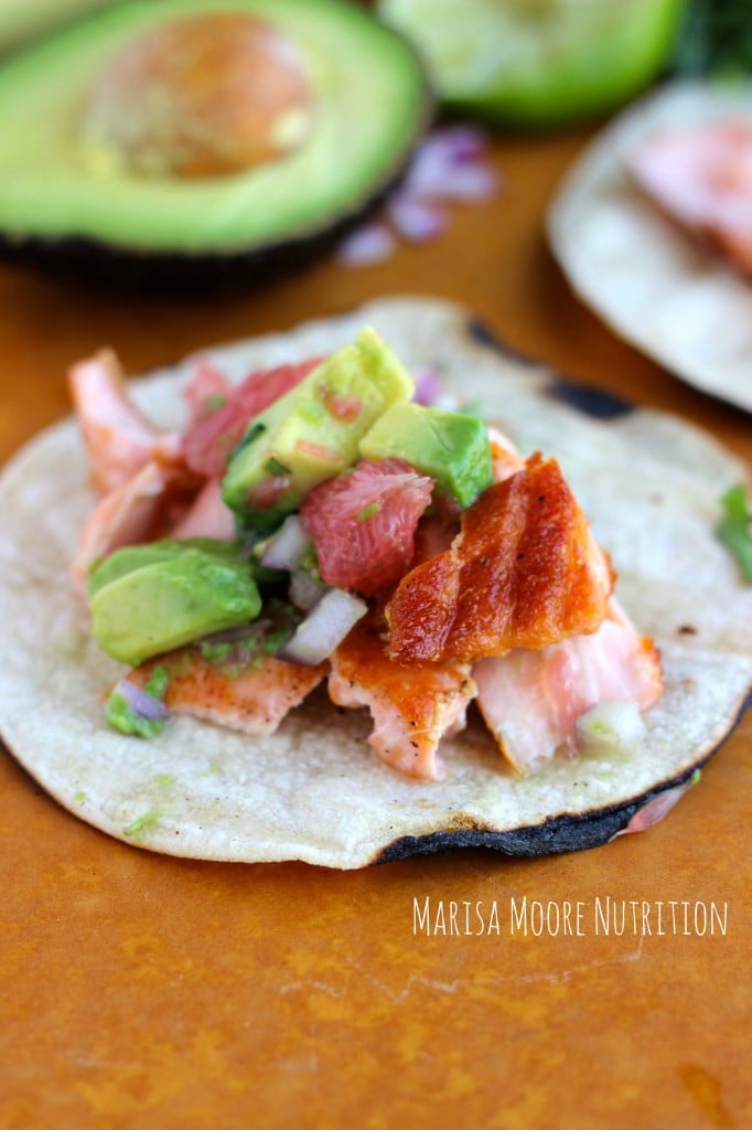 Omega 3 Rich Glazed Salmon Tacos Grapefruit Avocado Salsa on marisamoore.com