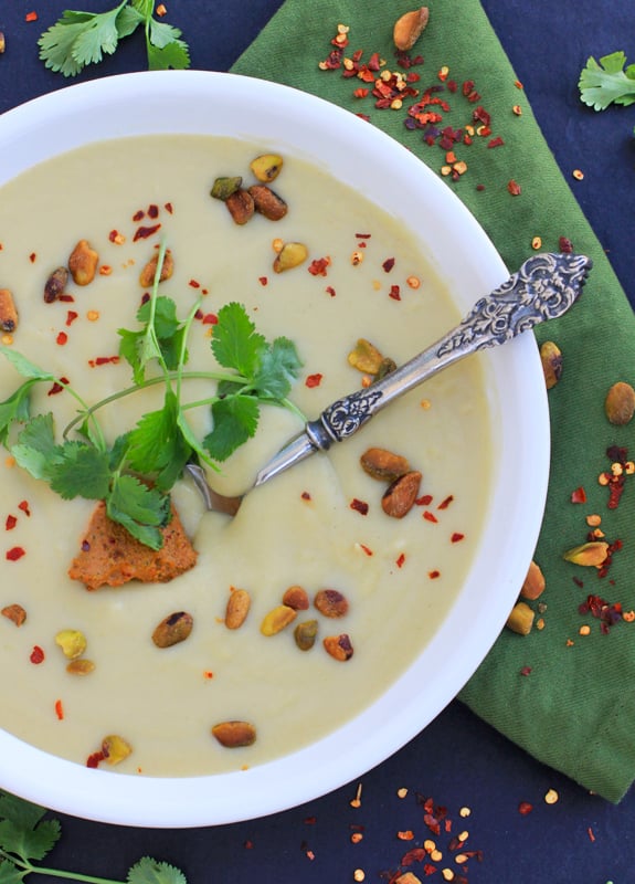 Creamy Cauliflower Soup with Pistachio Harissa Pesto