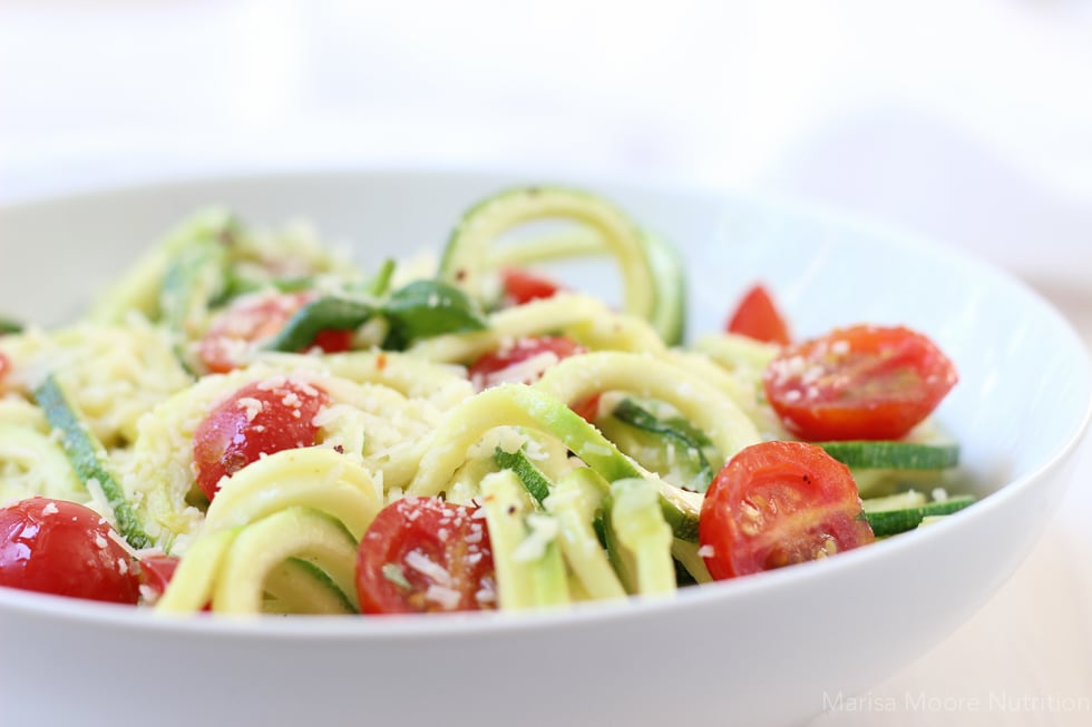 Pesto Zoodles & Tomato Salad - Chef Cindy