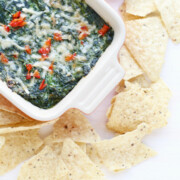 Healthy Spinach Dip in a casserole dish