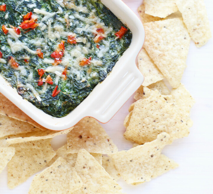 Healthy Spinach Dip in a casserole dish