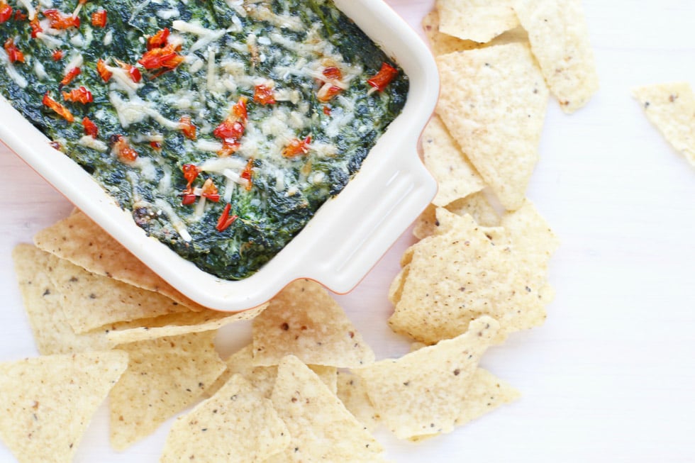 Healthy Spinach Dip in a casserole dish