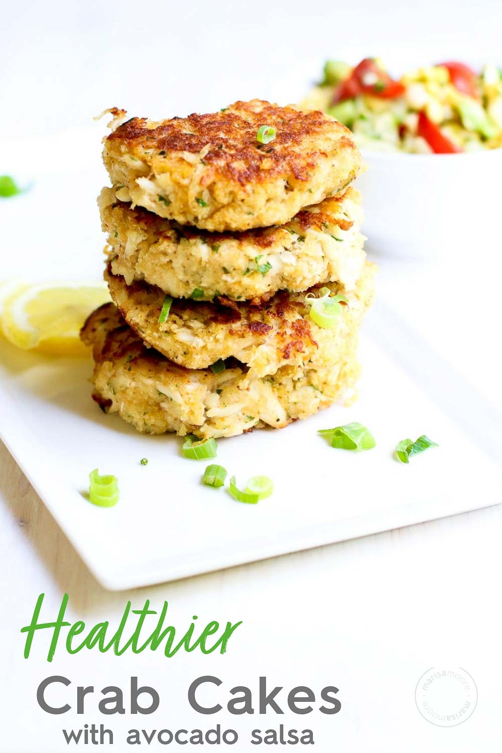 Healthier Crab Cakes with avocado salsa in back