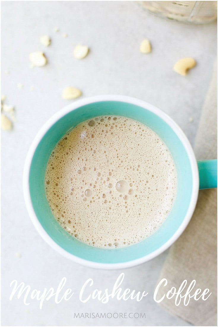 Maple Cashew Coffee in a blue mug 