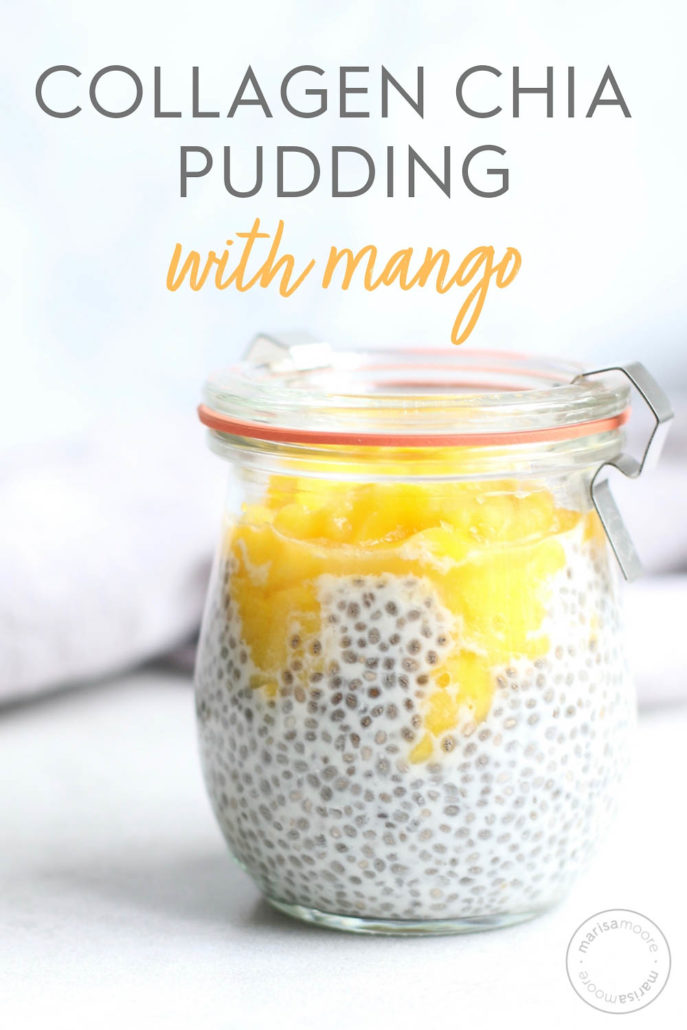 chia protein pudding with mango in a jar