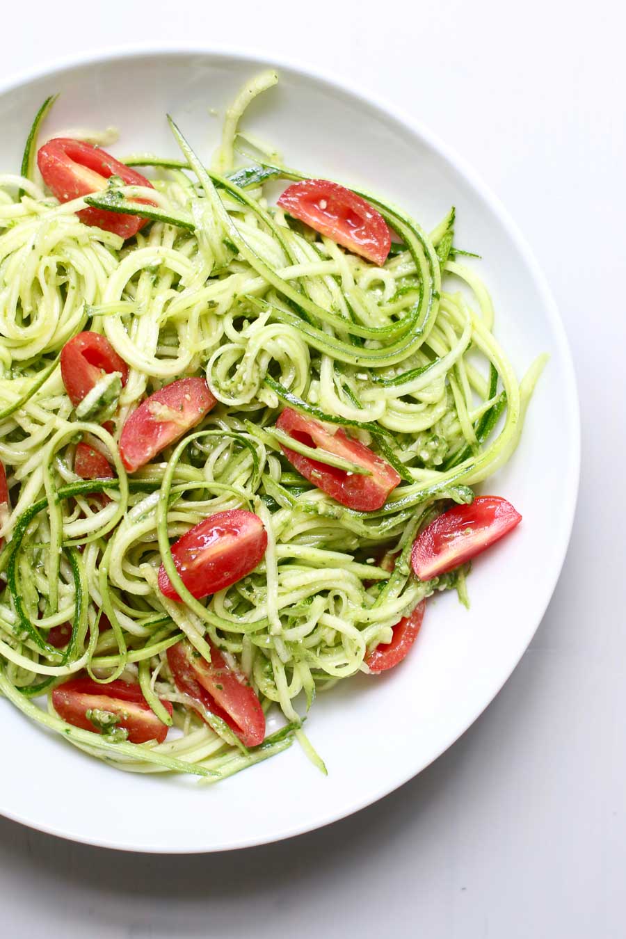 Pesto Zucchini Noodle Salad with grape tomatoes