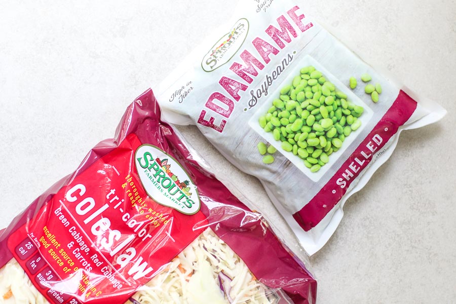 Bag of frozen edamame and coleslaw