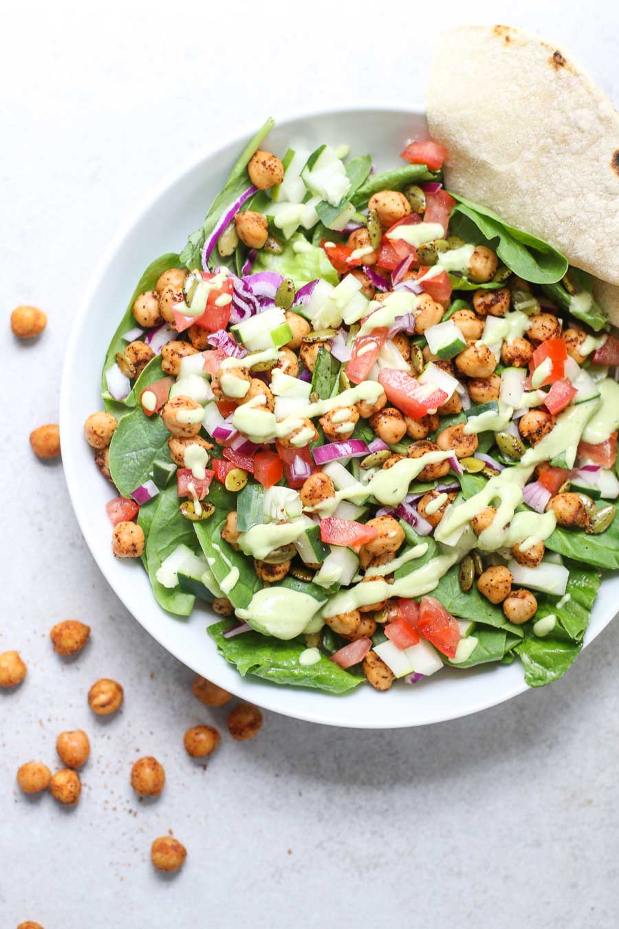 Chipotle Chickpea Taco Salad with tortilla overhead