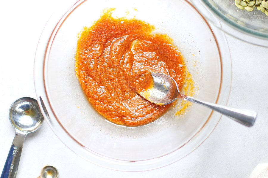 Pumpkin puree and spice mixture in a bowl
