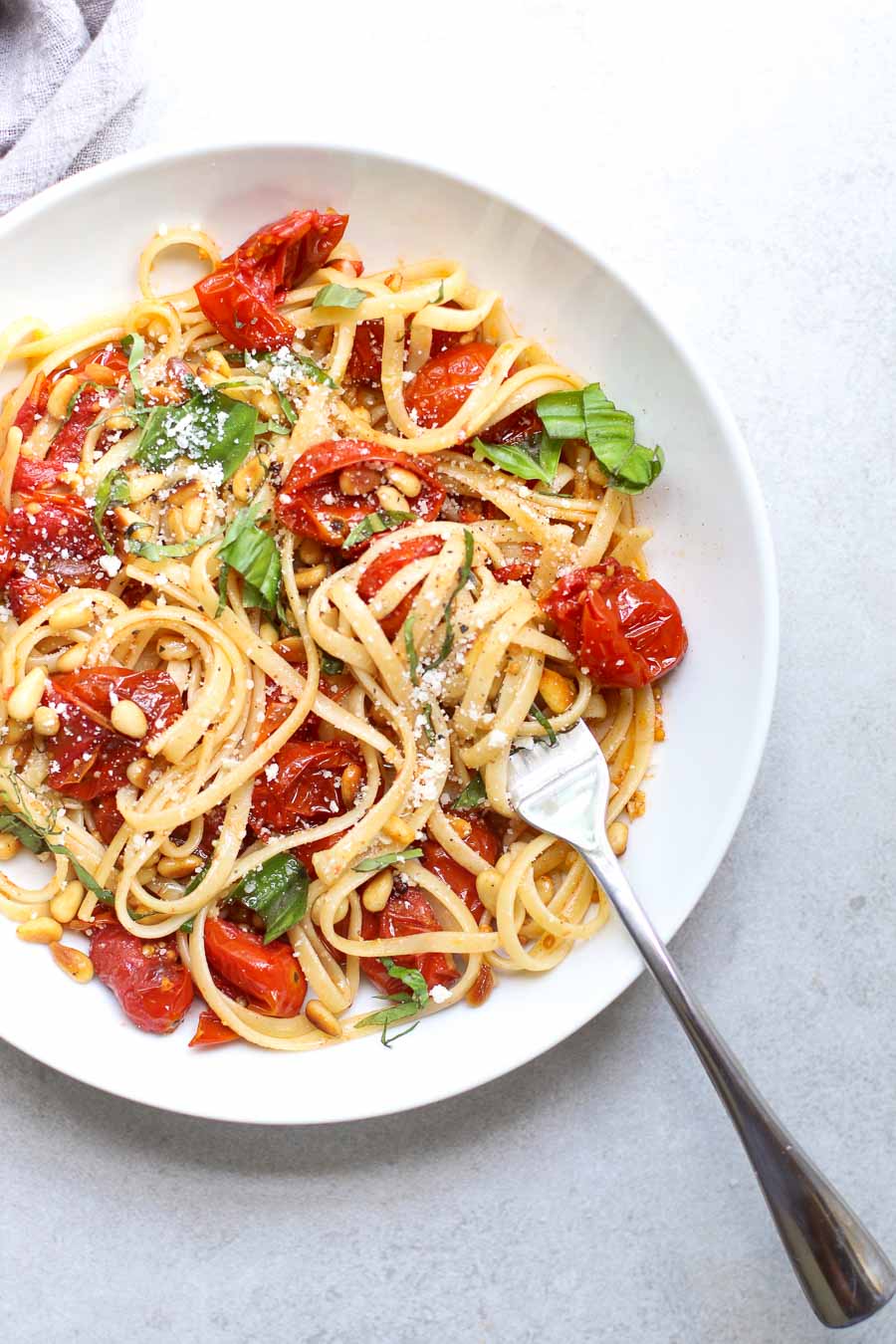 Slow Roasted Tomato Basil Linguine with Toasted Pine Nuts