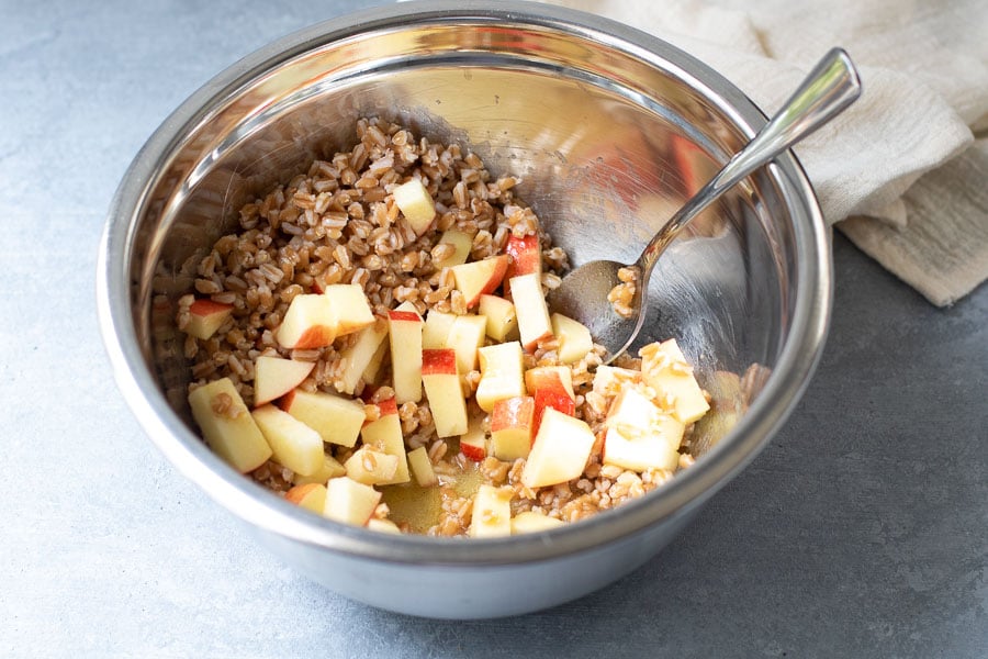 Apple Farro in dressing in bowl