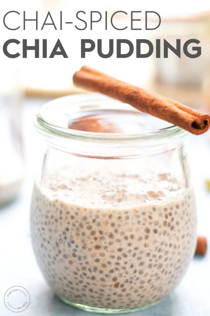 jar of chia pudding with a cinnamon stick on top
