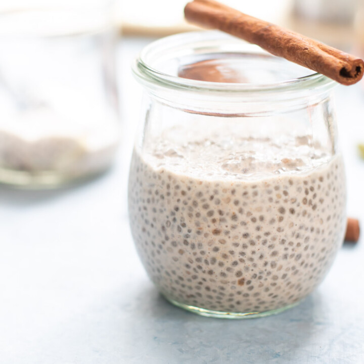 Collagen Chia Pudding in jars with cinnamon stick