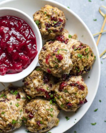 Turkey and Stuffing Meatballs with Cranberry Sauce and Skewers