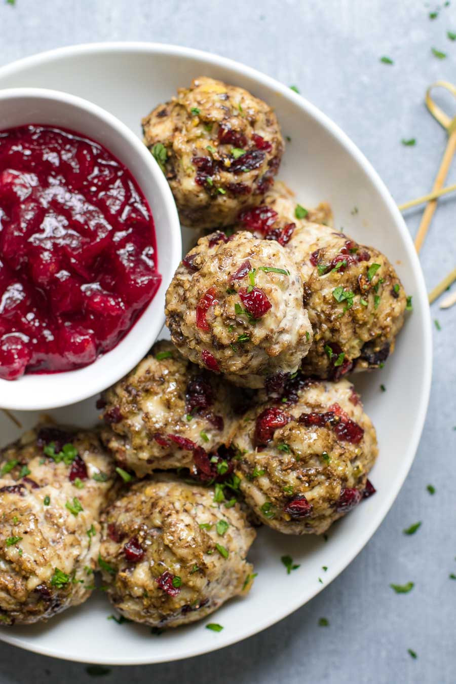 Turkey and Stuffing Meatballs with Cranberry Sauce and Skewers