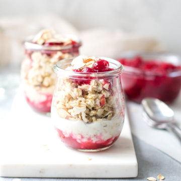 Cranberry Sauce Overnight Oats with Almonds in jars