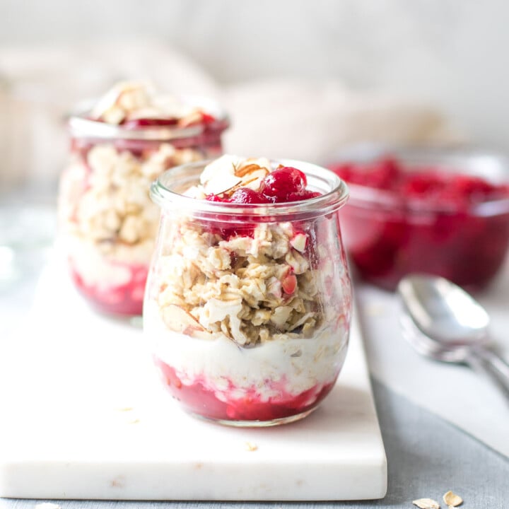 Cranberry Sauce Overnight Oats with Almonds in jars