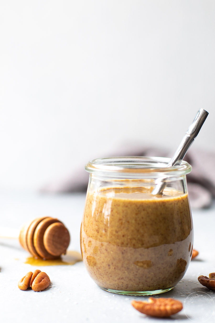 Maple Pecan Butter in jar with spoon