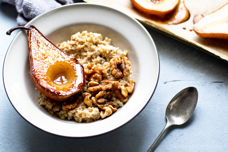Roasted Pears Oats and Walnuts with spoon
