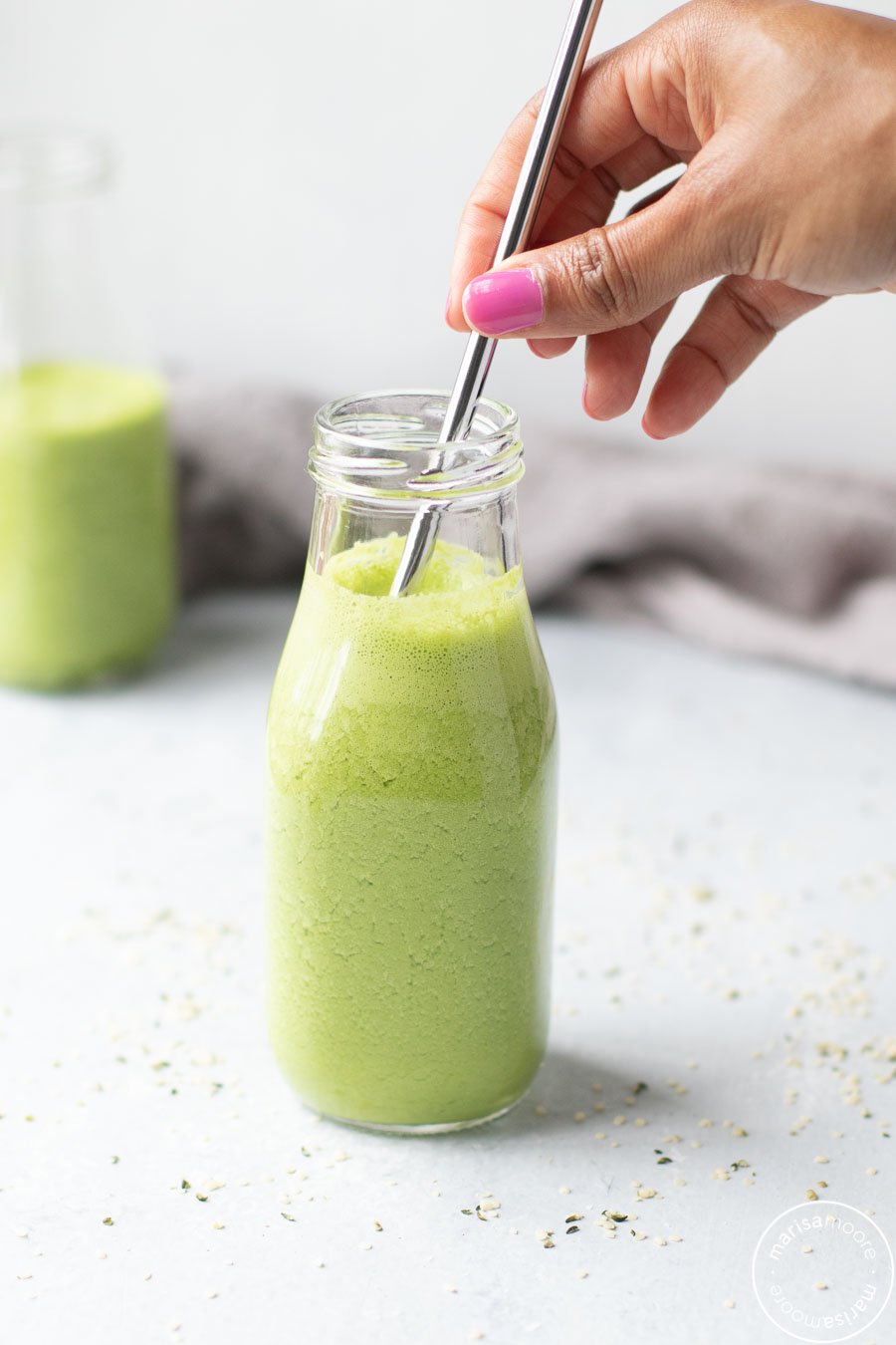 Hemp Green Smoothie in bottles straw