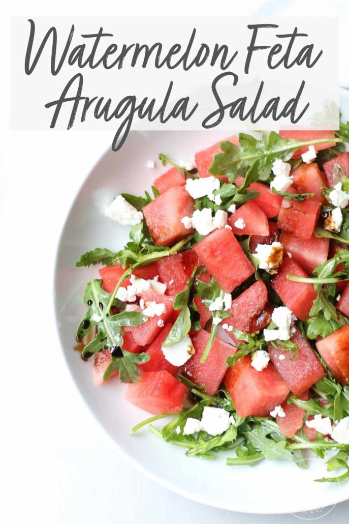 Watermelon Feta and Arugula Salad in white bowl