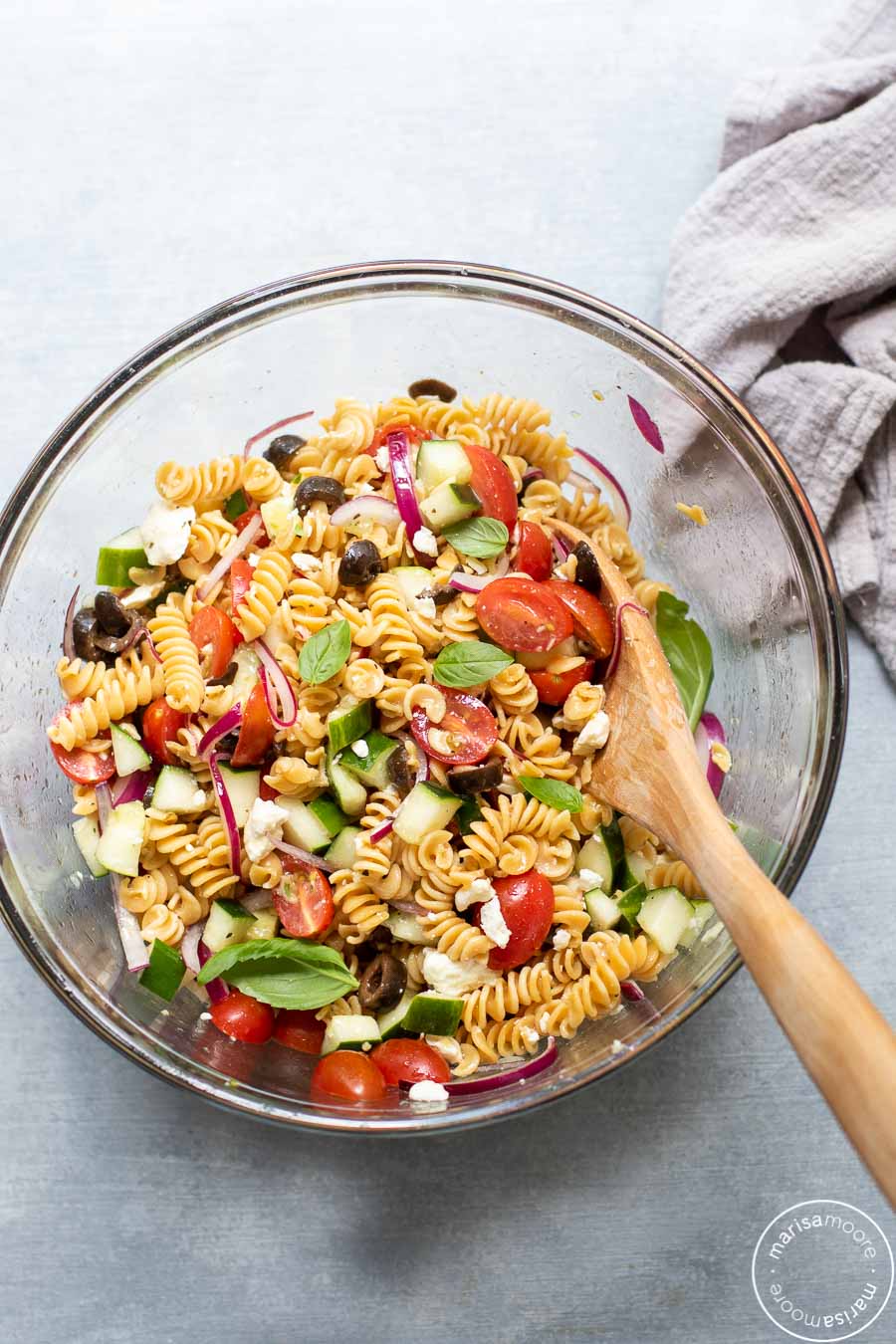 Chickpea Pasta Salad in Bowl with Wooden Spoon