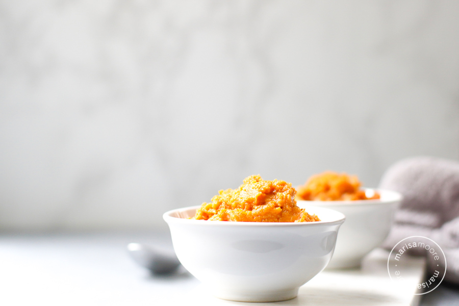 Baked Sweet Potato Pudding in two small white bowls