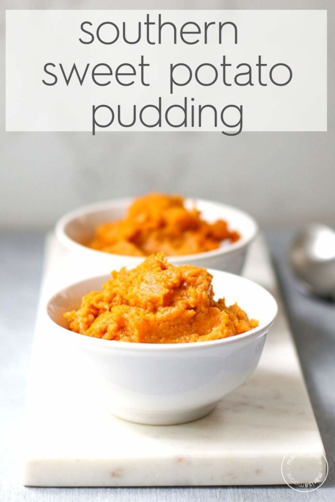 Baked Sweet Potato Pudding in two small white bowls