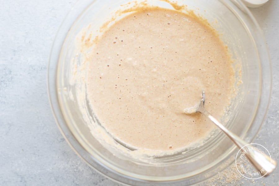 Making Oat Flour Pancakes Soaking Batter in a bowl