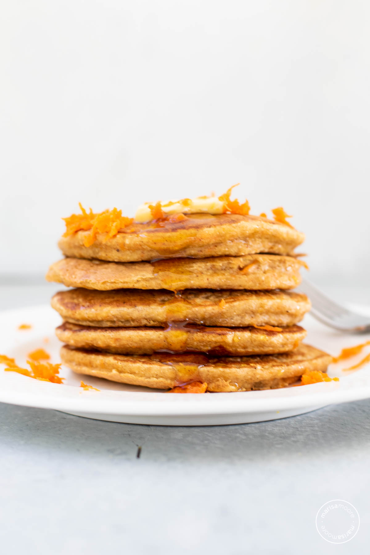stack of carrot cake oatmeal pancakes