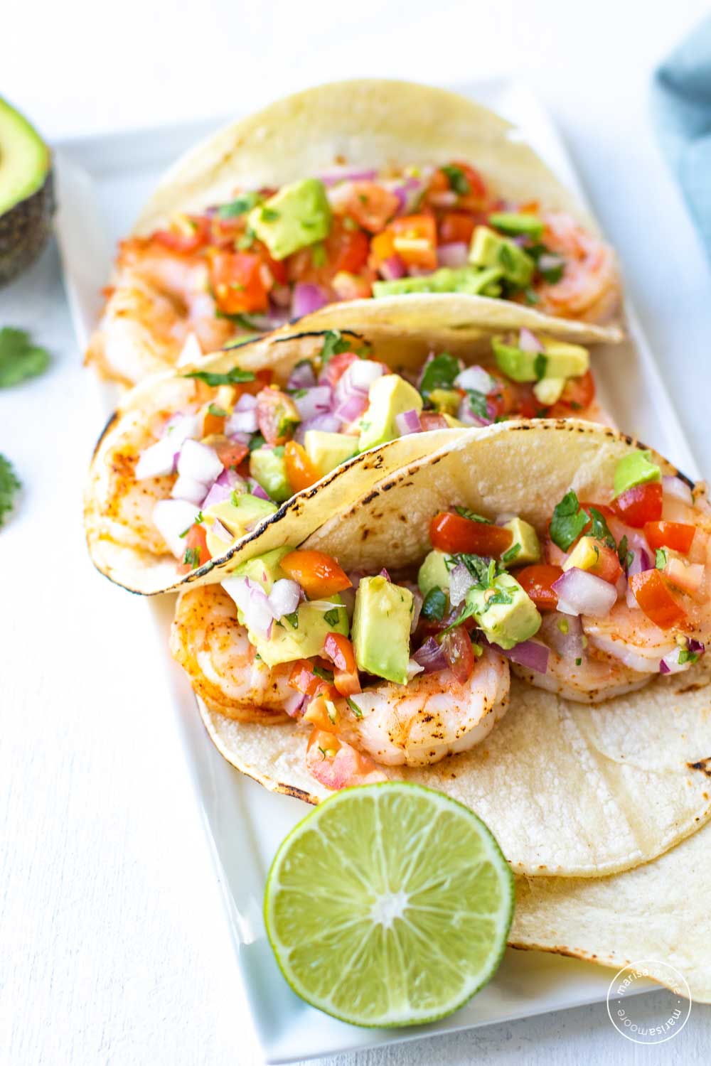 Chipotle Lime Shrimp Tacos with Avocado Salsa - Marisa Moore Nutrition