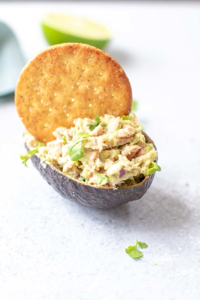 avocado lime tuna salad in an avocado shell