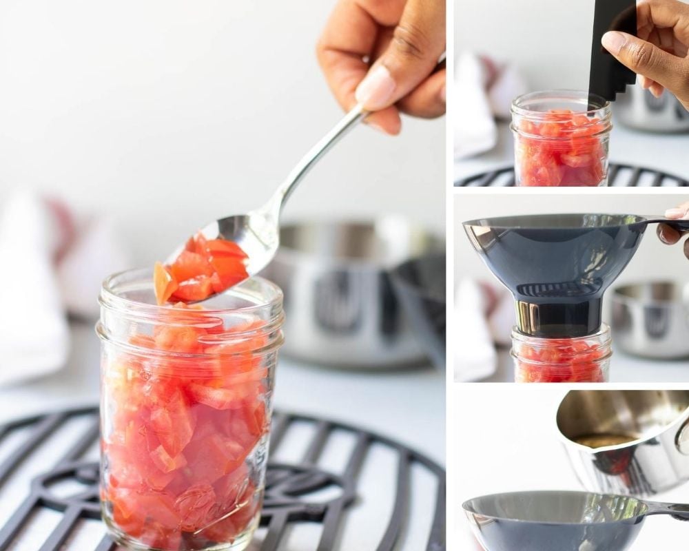 Collage showing spooning tomatoes into the hot jar, checking for ½ inch headspace, placing the funnel into the jar, pouring the vinegar mixture into the tomatoes 