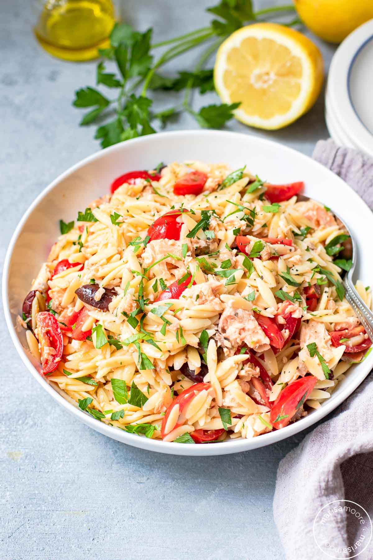 Mediterranean Salmon Orzo Salad - Marisa Moore Nutrition