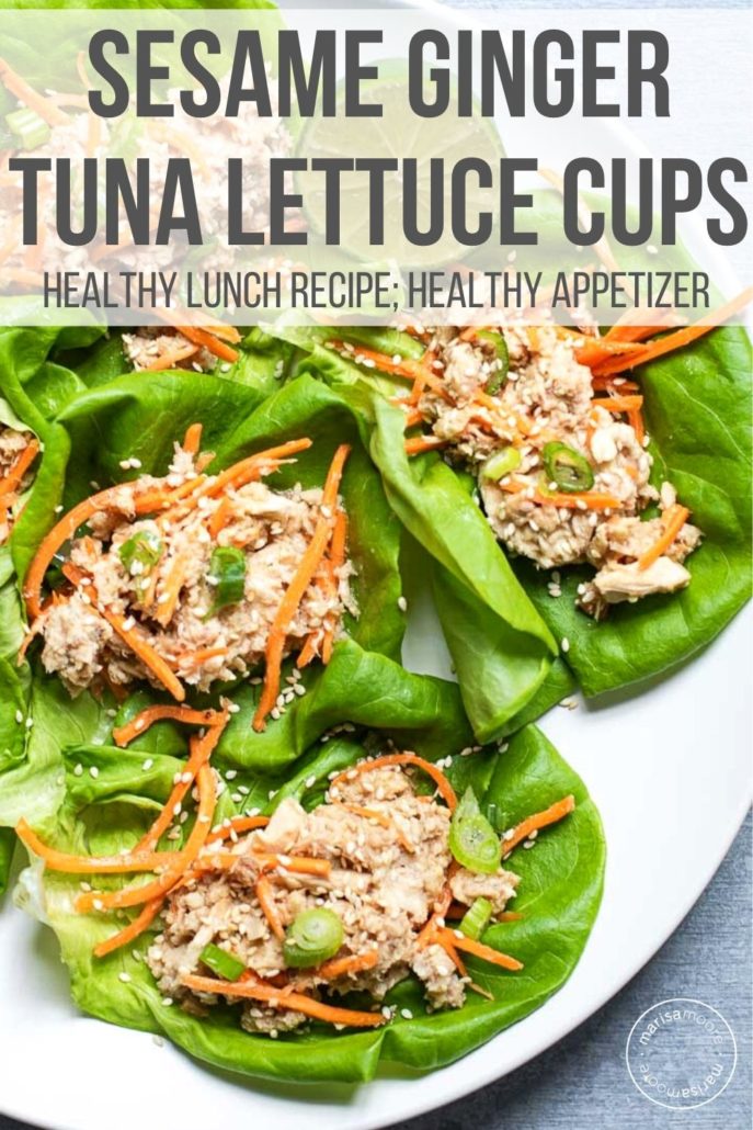 Tuna lettuce cups on white plate with a text overlay stating sesame ginger tuna lettuce cups
