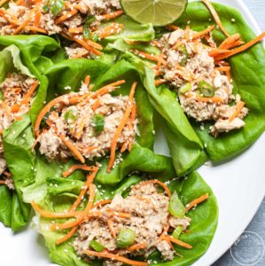 Ginger tuna on lettuce cups on white plate
