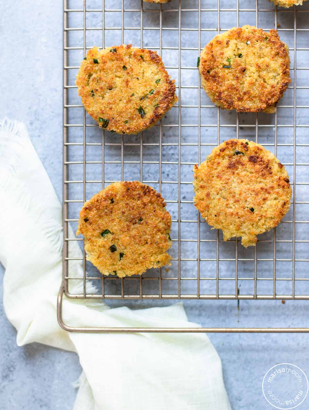 Quinoa patties on a cooling rack