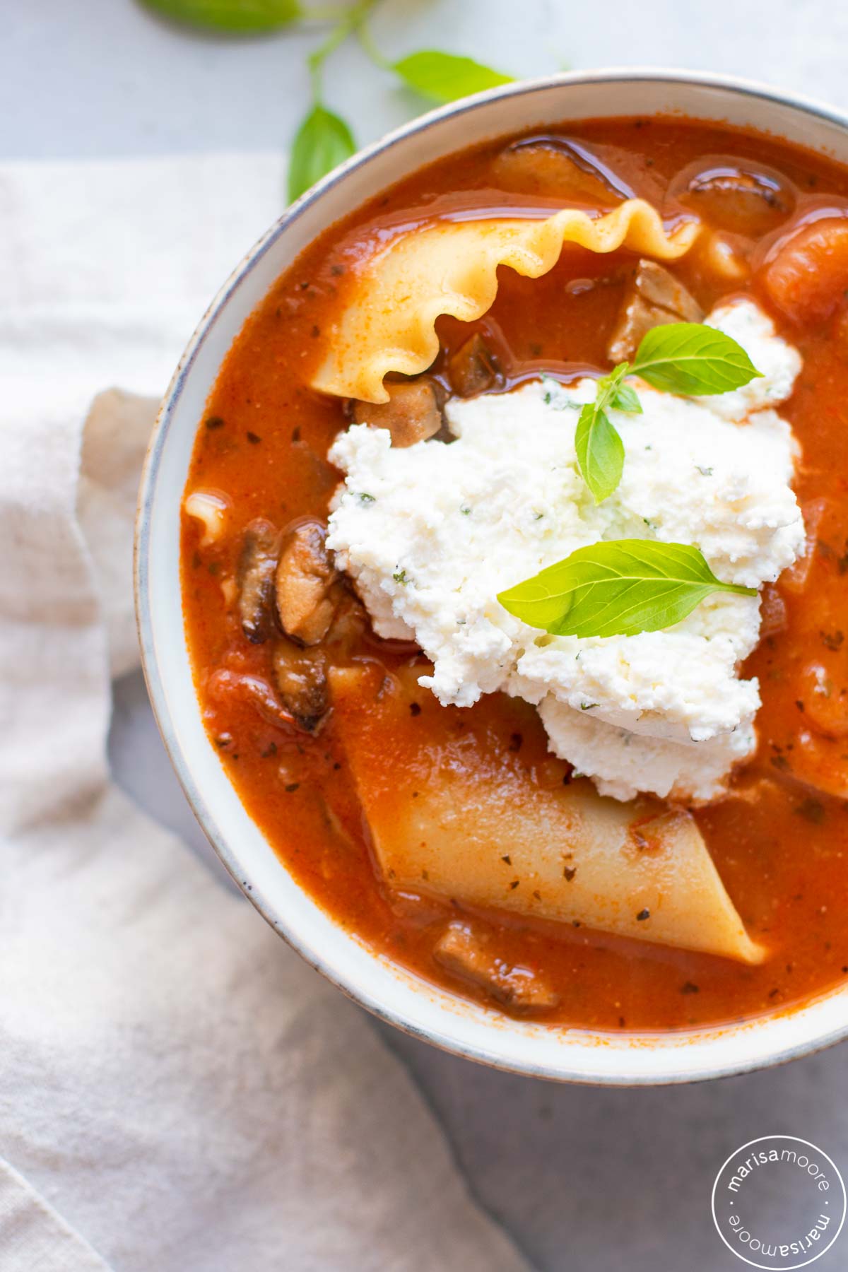 Bowl of vegetarian lasagna soup