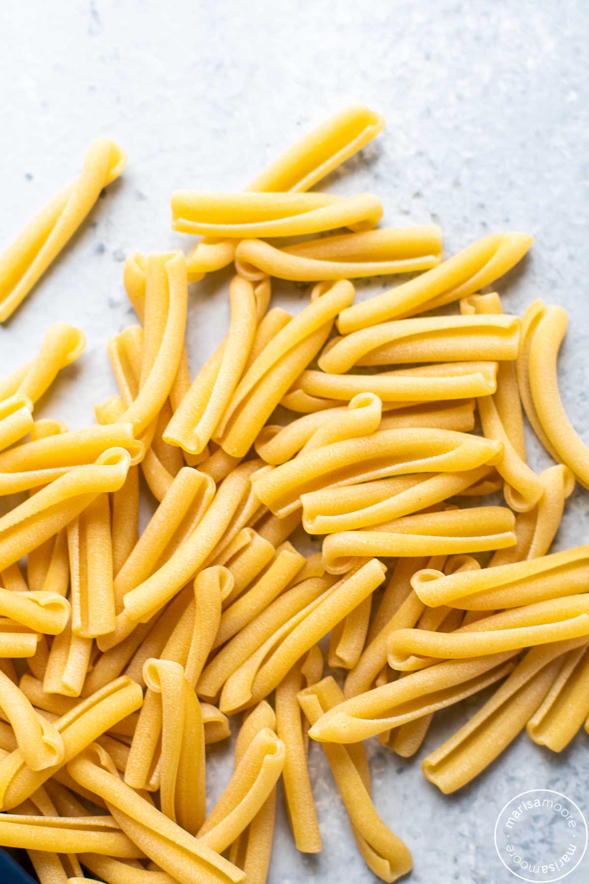 uncooked, dry casarece pasta