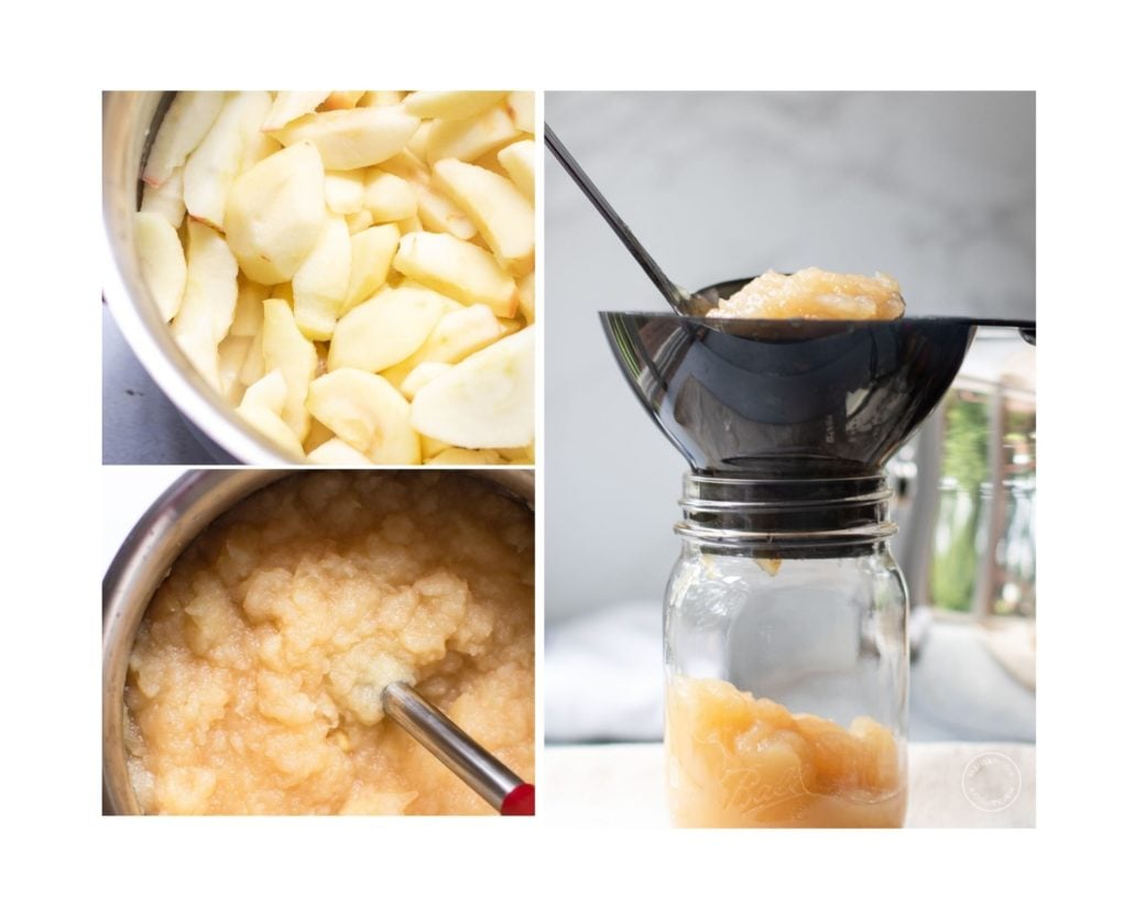 3 image collage of the apples in the pot, apples being pureed, then ladled into one jar.