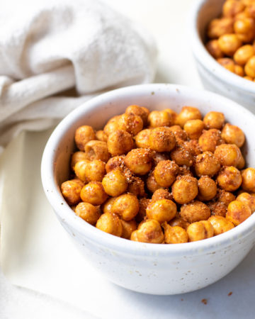 seasoned chickpeas in a small white bowl