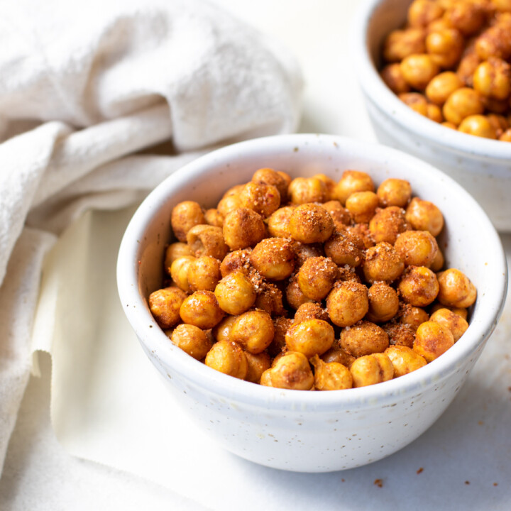 seasoned chickpeas in a small white bowl
