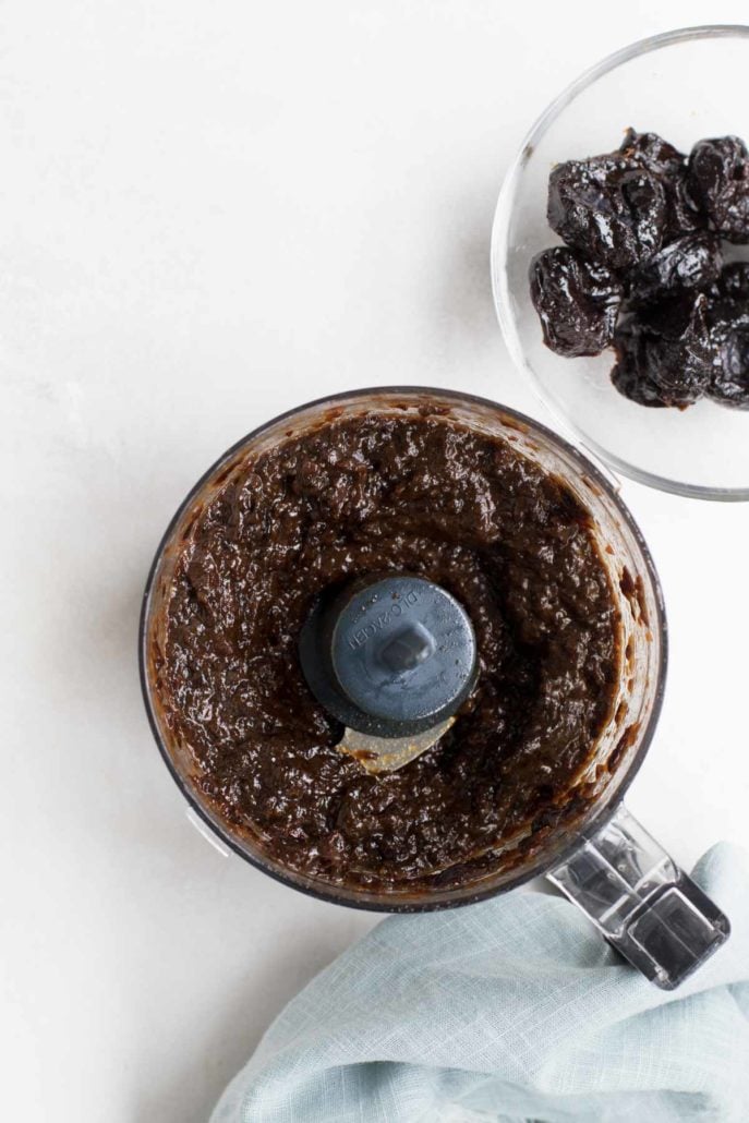 Pureed prunes in a food processor