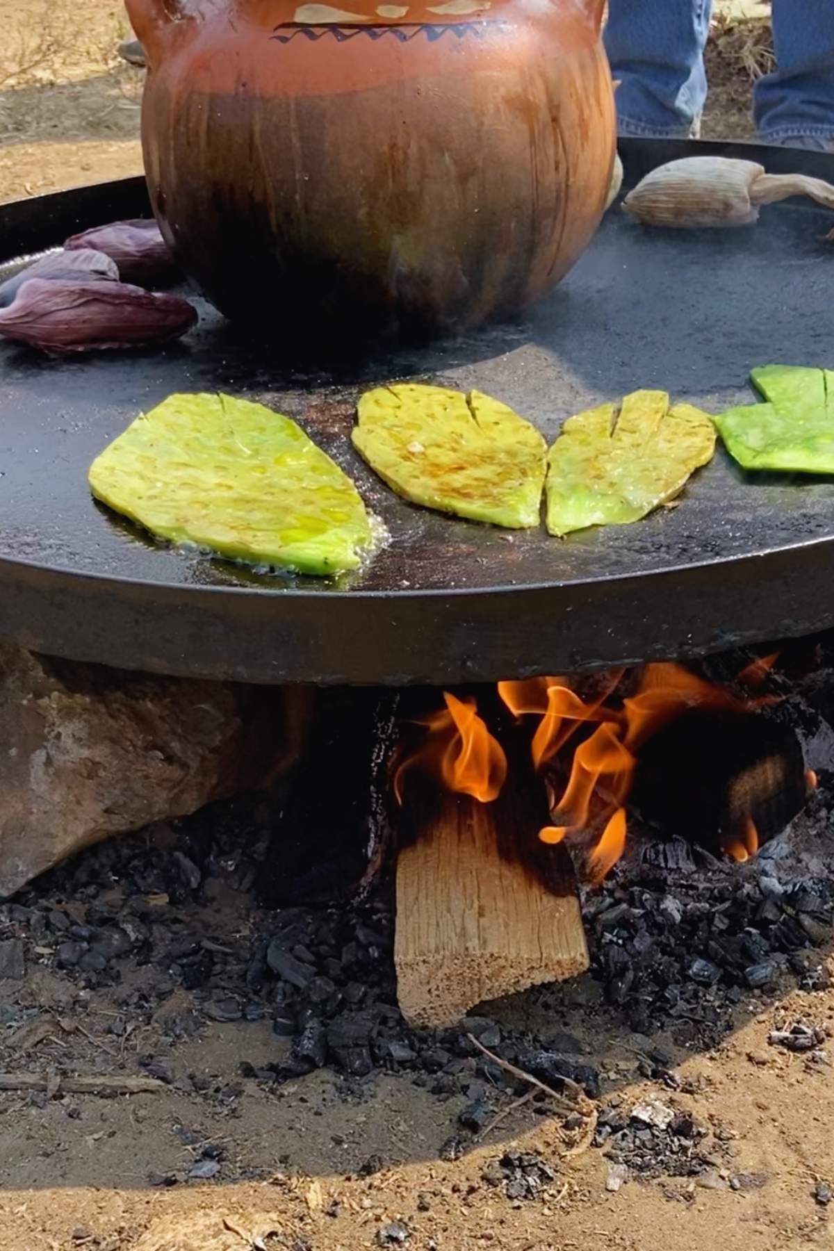 Cooking nopal on the comal.