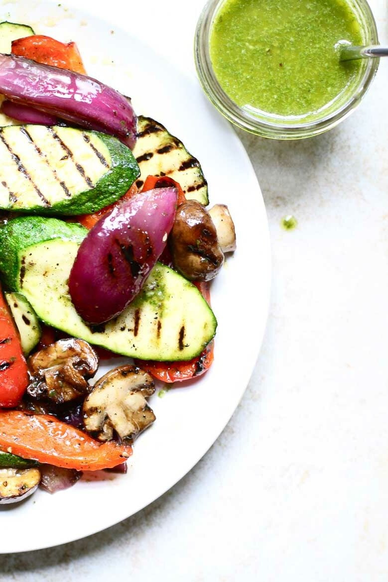 Homemade Basil Vinaigrette with grilled vegetables