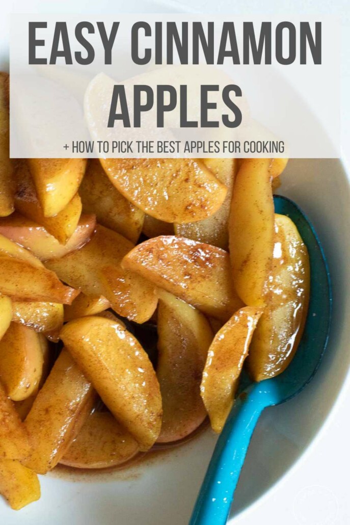White bowl of cinnamon apples with a blue spoon. Easy Cinnamon Apples text overlay.